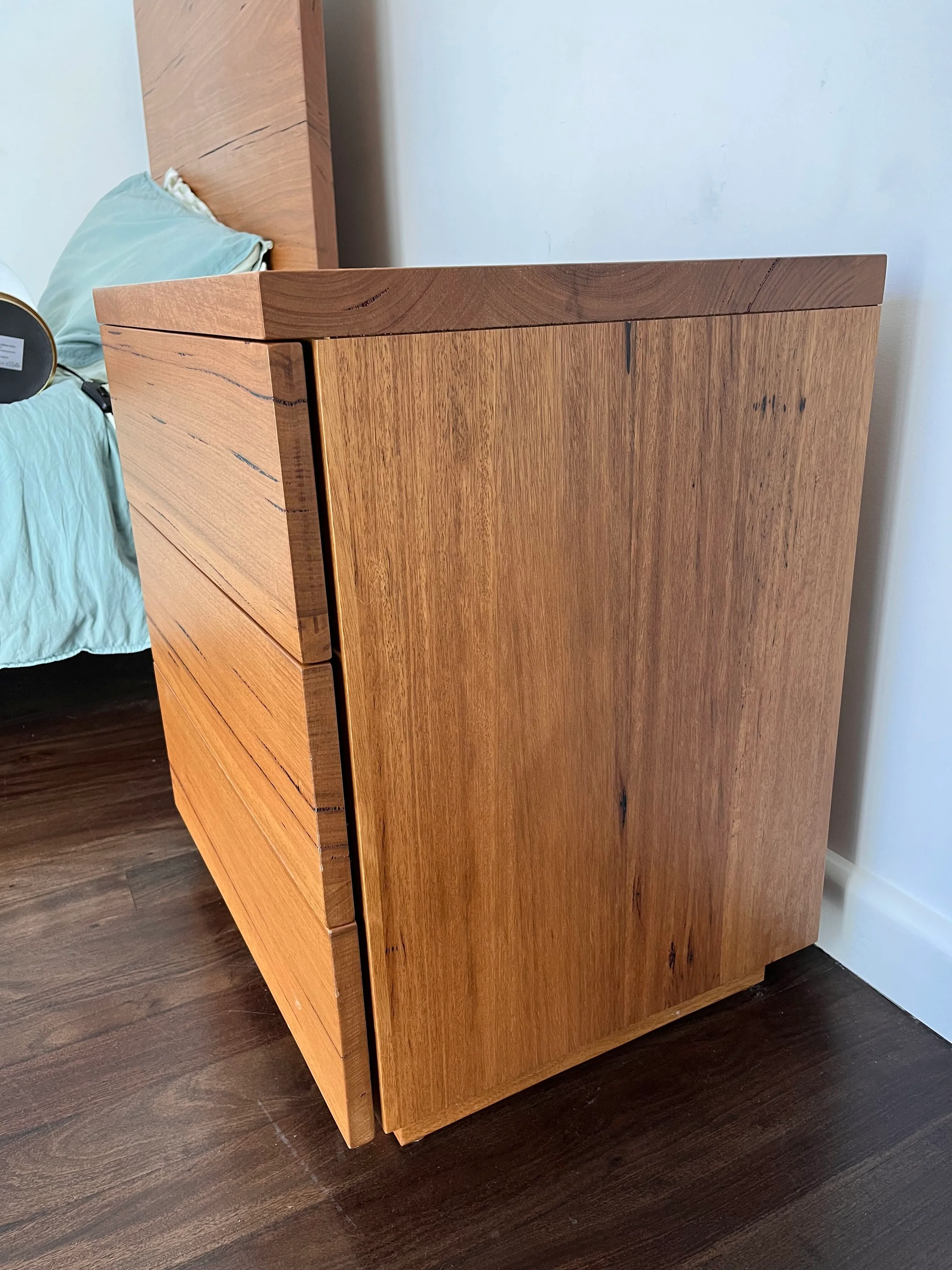 Ex Demo Elijah Messmate 3 Drawer Bedside Table Sand Stain Brisbane Showroom - Image 3
