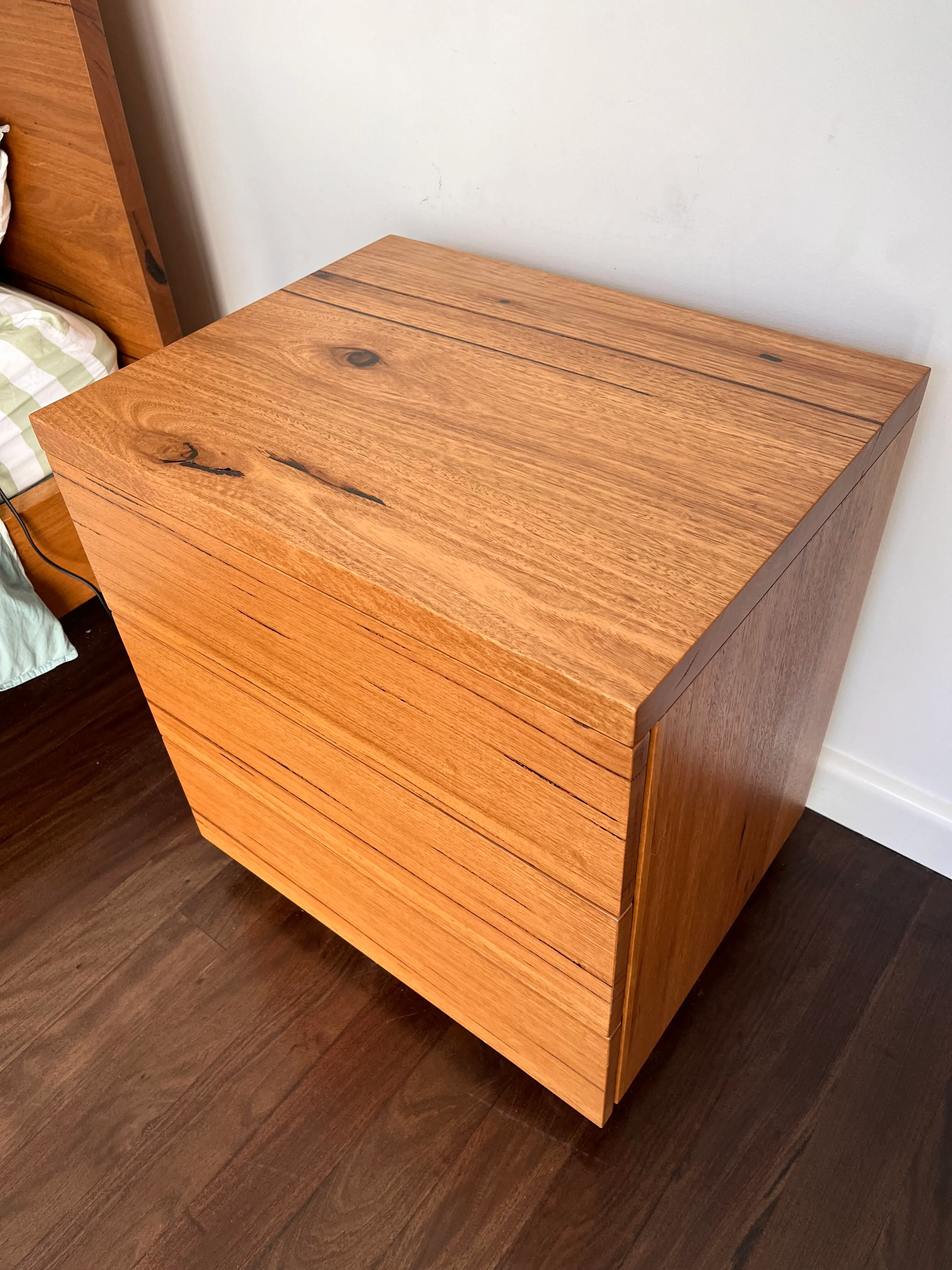 Ex Demo Elijah Messmate 3 Drawer Bedside Table Sand Stain Brisbane Showroom - Image 4