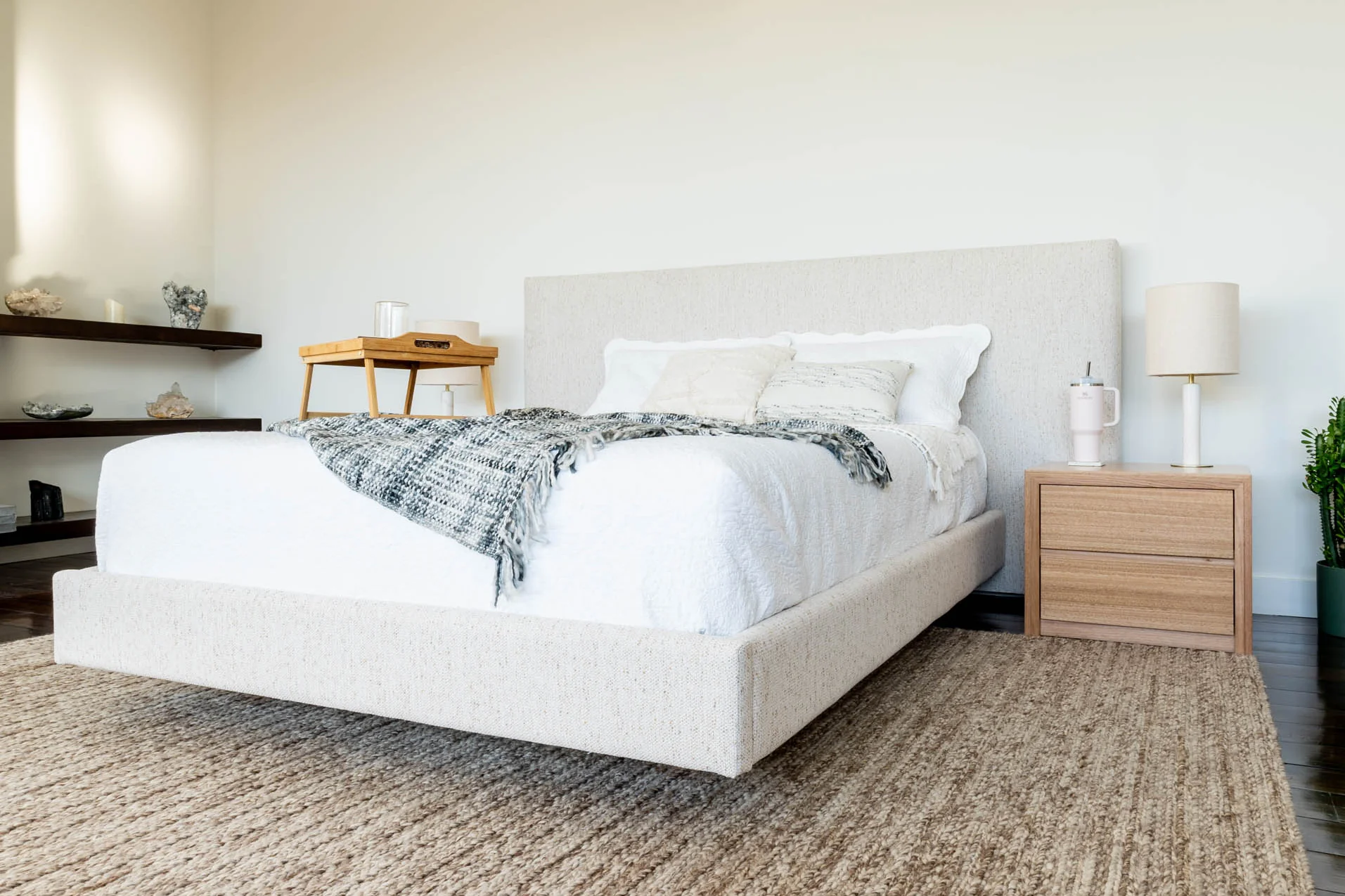 Ex Demo Yakka Fully Upholstered Extended Headboard Floating Bed Frame Queen Size - Image 3