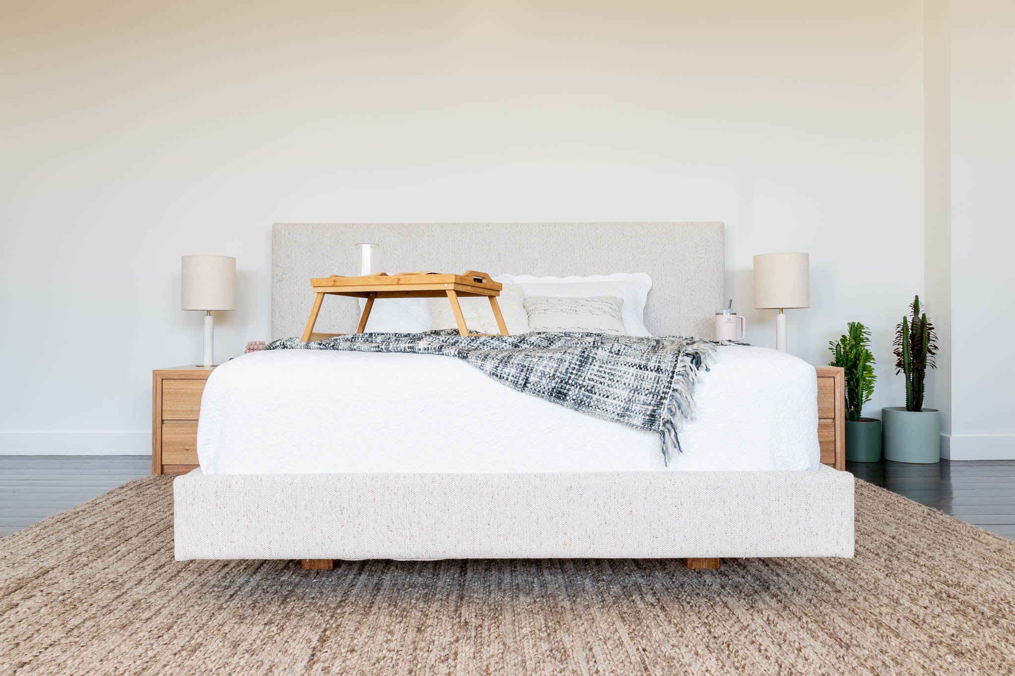 Ex Demo Yakka Fully Upholstered Extended Headboard Floating Bed Frame Queen Size - Image 4