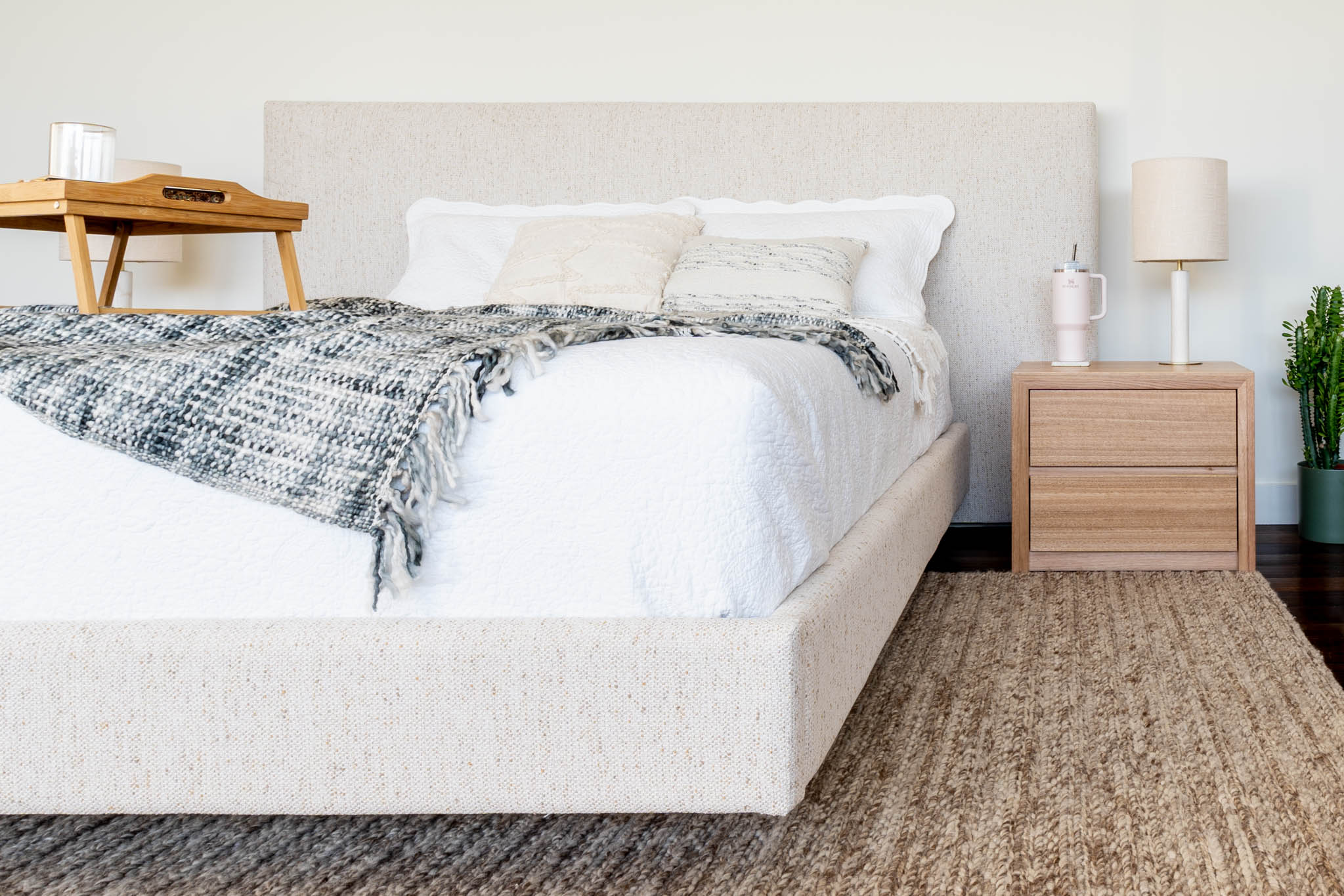 Ex Demo Yakka Fully Upholstered Extended Headboard Floating Bed Frame Queen Size - Image 6