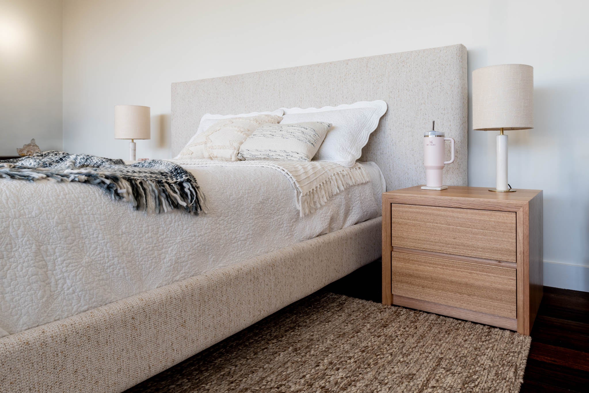 Ex Demo Yakka Fully Upholstered Extended Headboard Floating Bed Frame Queen Size - Image 7